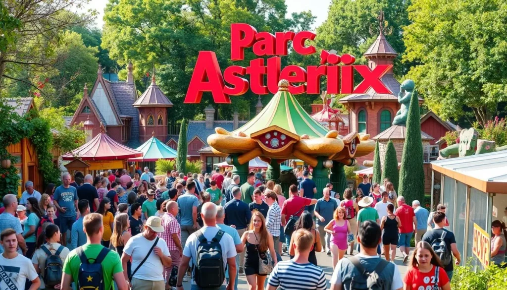 Generate an image of Parc Astérix with its themed rides and attractions.