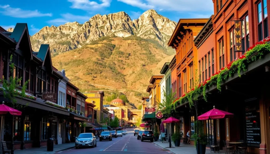 Generate an image of Park City's historic Main Street, with its charming shops and restaurants, surrounded by mountains.
