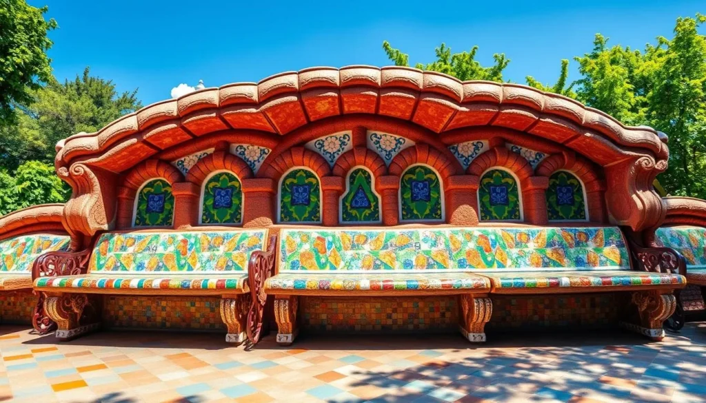 Generate an image of Park Güell's mosaic benches and surrounding architecture