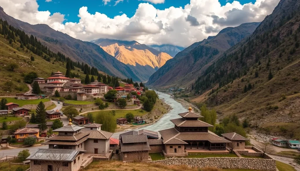 Generate an image of Paro Valley showcasing its cultural landmarks and natural beauty.