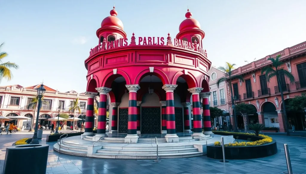 Generate an image of Parque de Bombas with its distinctive red and black stripes in Plaza Las Delicias.