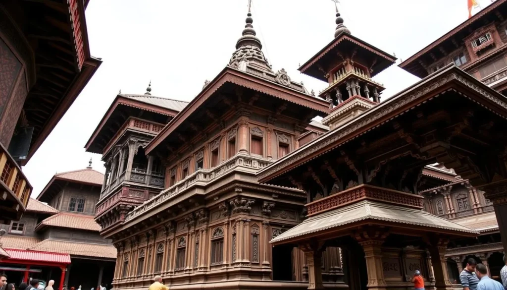 Generate an image of Patan Durbar Square highlighting its Krishna Temple and wooden carvings.
