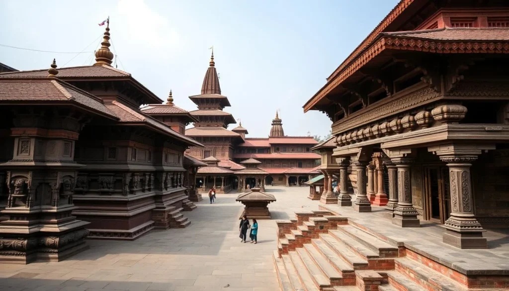 Generate an image of Patan Durbar Square with its intricately carved temples and the former royal palace.