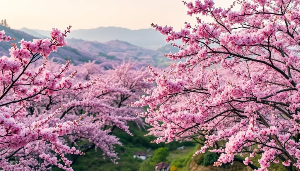 Generate an image of Peach Blossom Ravine in full bloom with thousands of peach trees creating a pink and white wonderland.