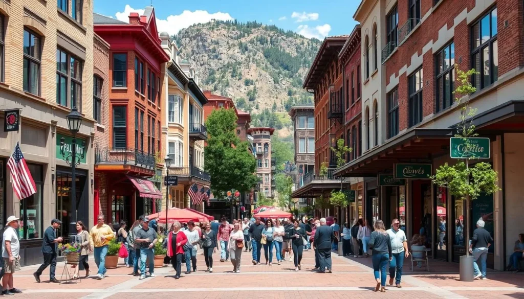 Generate an image of Pearl Street Mall in Boulder, Colorado, showcasing its vibrant atmosphere and historic buildings.