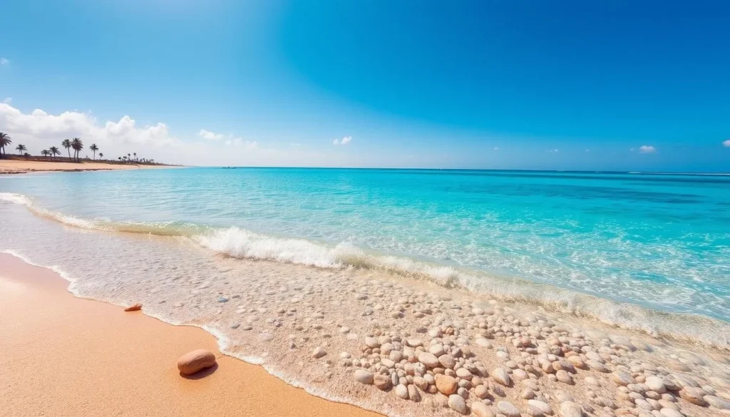 Generate an image of Pebbles Beach with turquoise waters and soft sand