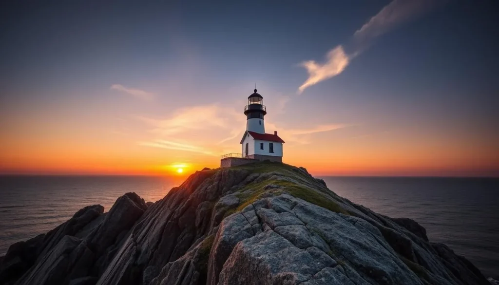 Generate an image of Pemaquid Point Light on a rocky cliff with the Atlantic Ocean in the background. Generate an image of Pemaquid Point Light on a rocky cliff with the Atlantic Ocean in the background.