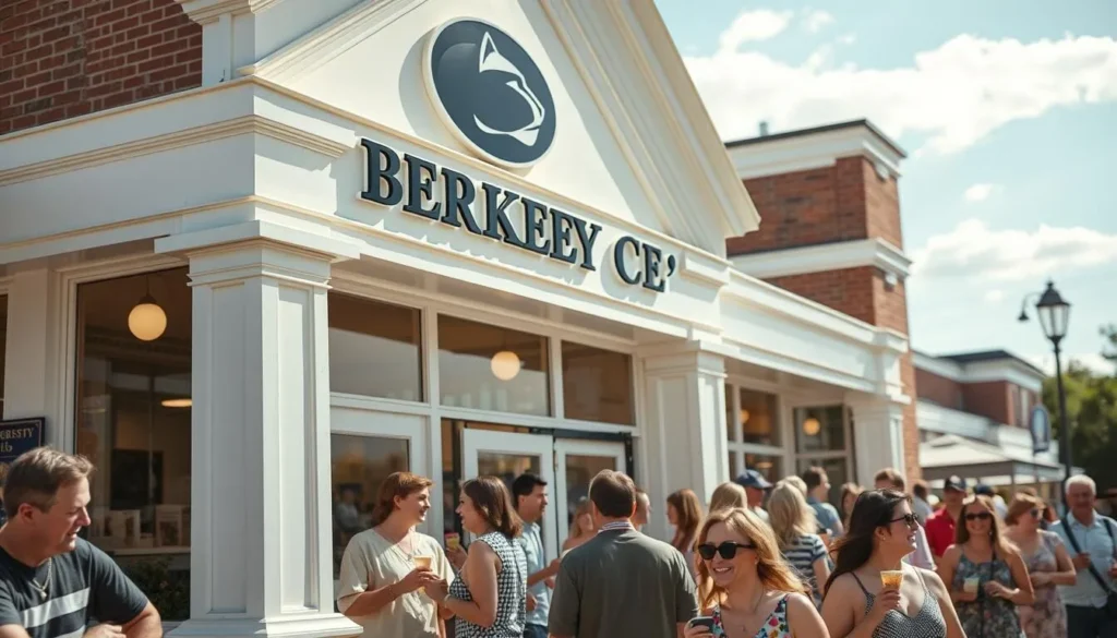 Generate an image of Penn State's Berkey Creamery, showcasing its vibrant exterior and a happy crowd enjoying ice cream.