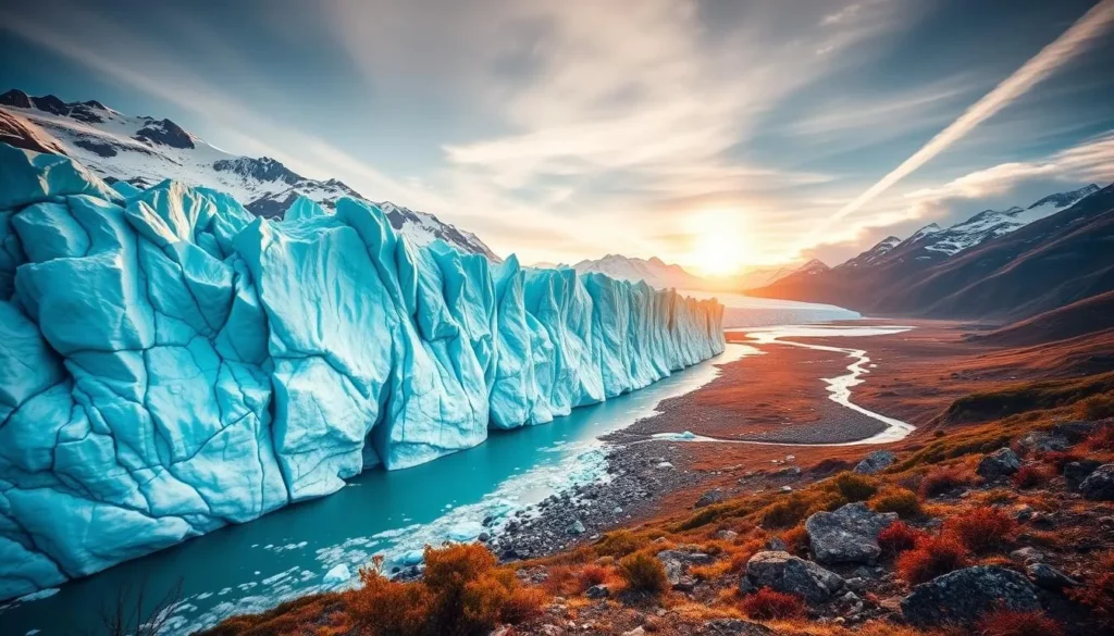 Generate an image of Perito Moreno Glacier with its majestic ice wall and surrounding landscape.