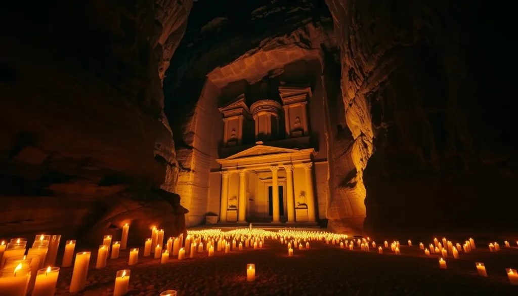 Generate an image of Petra's Siq illuminated by candles at night Generate an image of Petra's Siq illuminated by candles at night
