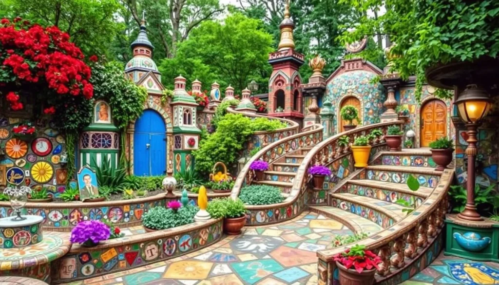 Generate an image of Philadelphia's Magic Gardens, showcasing its intricate mosaics and artistic details.