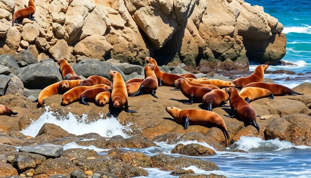 Generate an image of Phillip Island's coastline with fur seals.