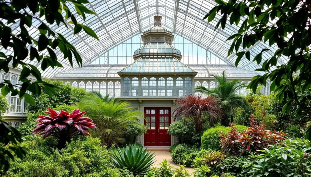 Generate an image of Phipps Conservatory's stunning glass architecture surrounded by lush greenery.