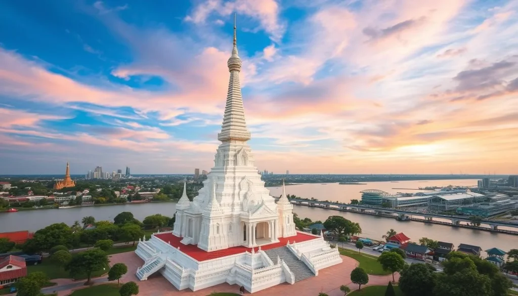 Generate an image of Phra Samut Chedi Temple with its 38-meter-high white chedi and the Chao Phraya River in the background.