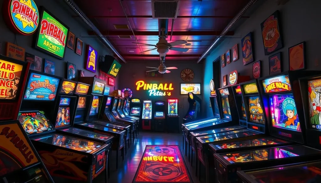 Generate an image of Pinball Pete's Arcade's interior, showcasing its variety of pinball and arcade games. Generate an image of Pinball Pete's Arcade's interior, showcasing its variety of pinball and arcade games.