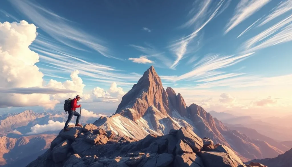 Generate an image of Pinnacle Mountain with a hiker reaching the summit.