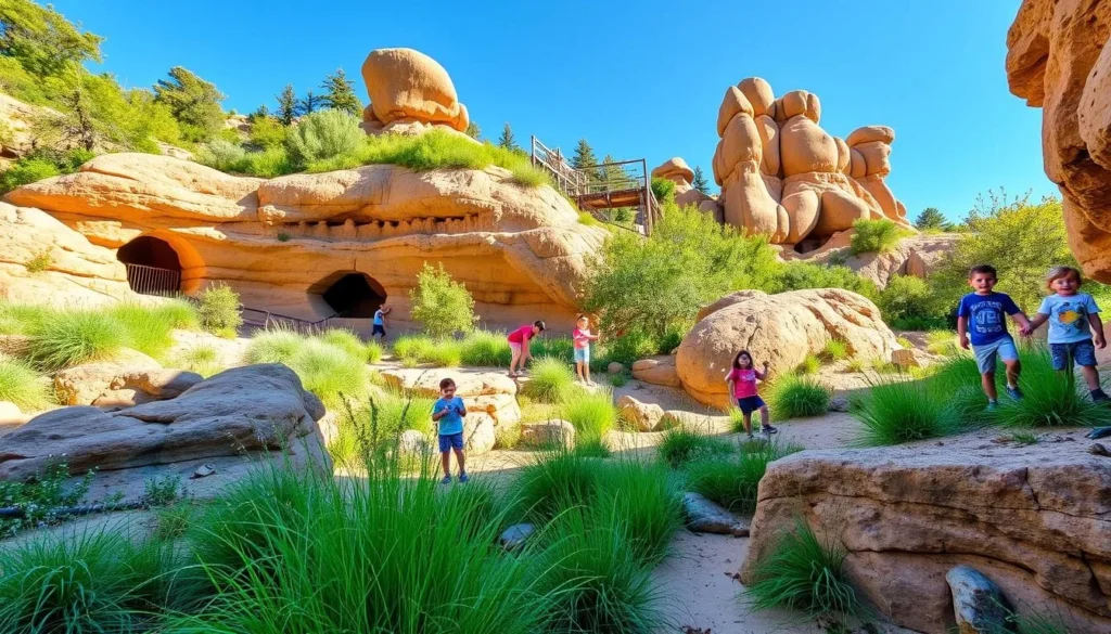 Generate an image of Pioneer Park's natural playground with children exploring slot canyons and climbing rocks.