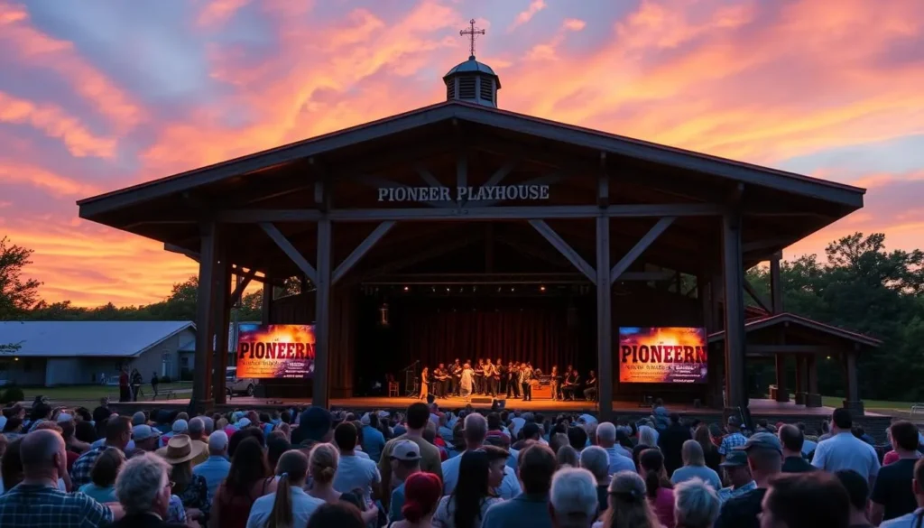 Generate an image of Pioneer Playhouse in Danville, Kentucky, with a summer evening performance