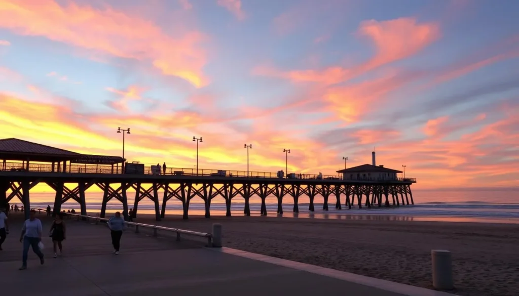 Generate an image of Pismo Beach Pier at sunset with people strolling along the boardwalk.
