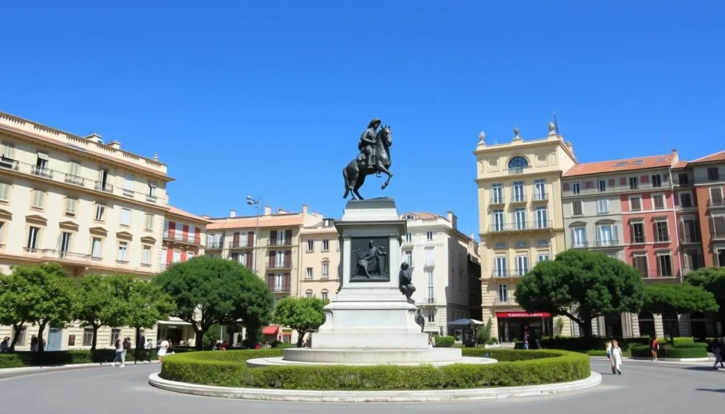 Generate an image of Place d'Austerlitz in Ajaccio, featuring a statue of Napoleon and historic buildings around it.