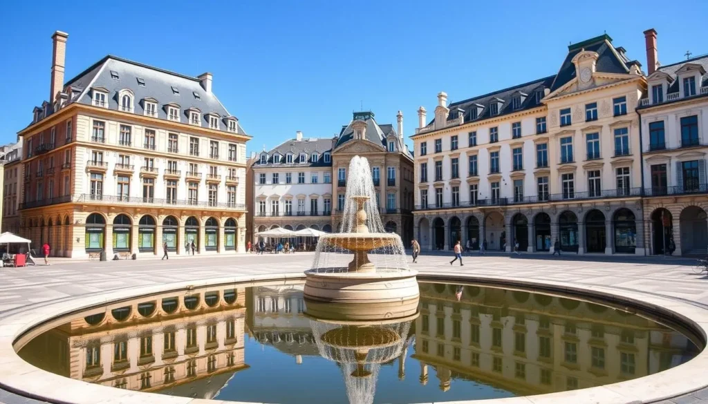 Generate an image of Place de la Bourse with the Miroir d'Eau in the foreground, showcasing the majestic 18th-century buildings and the reflecting pool.