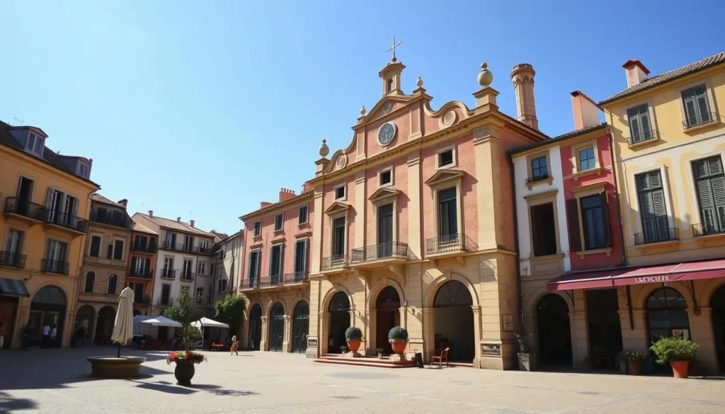 Generate an image of Place de la Loge in Perpignan, France, featuring the Town Hall and surrounding historic buildings.