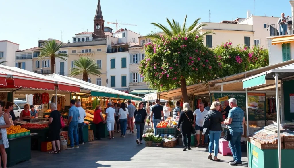Generate an image of Place des Lices Market in Saint-Tropez on a bustling Tuesday morning.