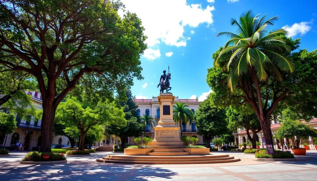 Generate an image of Plaza Las Delicias in Ponce, Puerto Rico, showcasing its beautiful trees and historic statue.