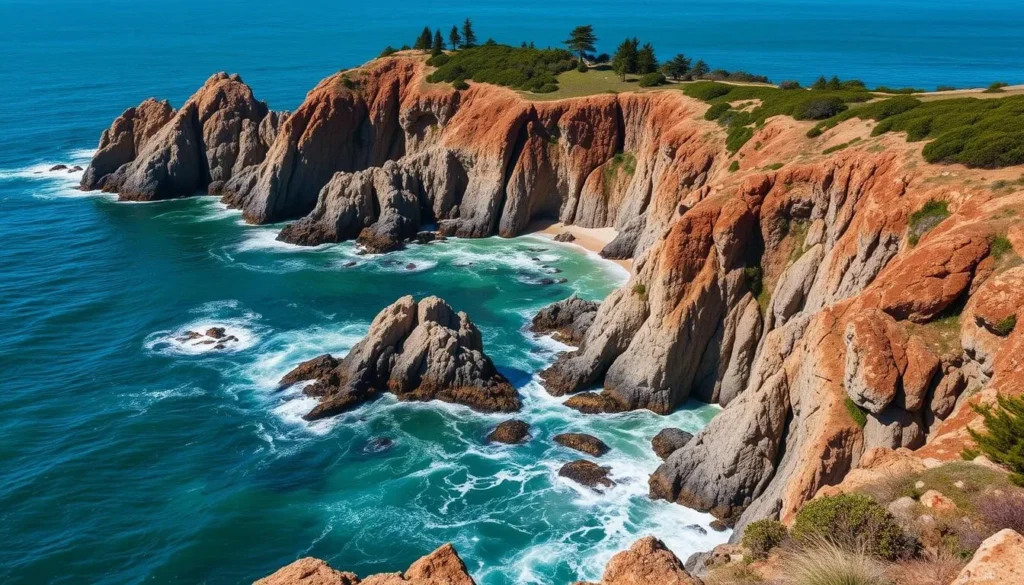 Generate an image of Point Lobos State Natural Reserve's stunning coastline with its emerald waters and dramatic cliffs.
