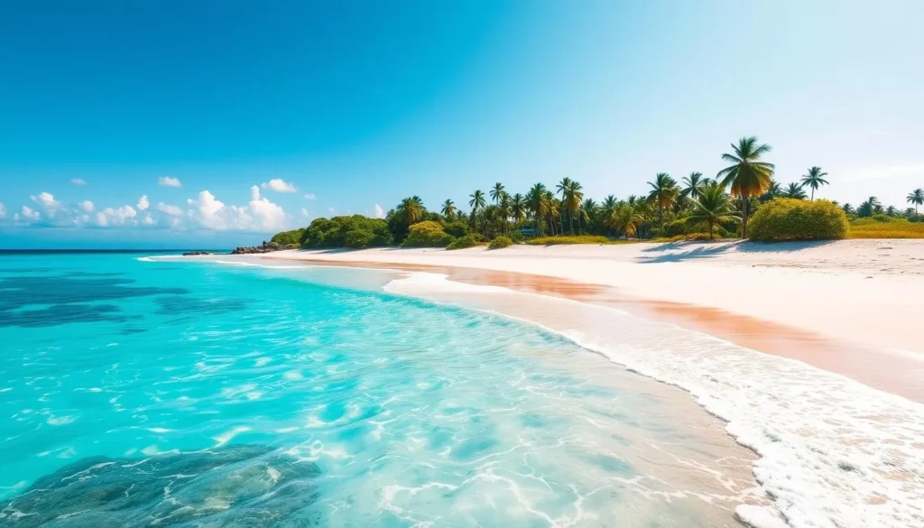 Generate an image of Pointe Denis Beach, Gabon, with pristine white sands and crystal-clear waters.