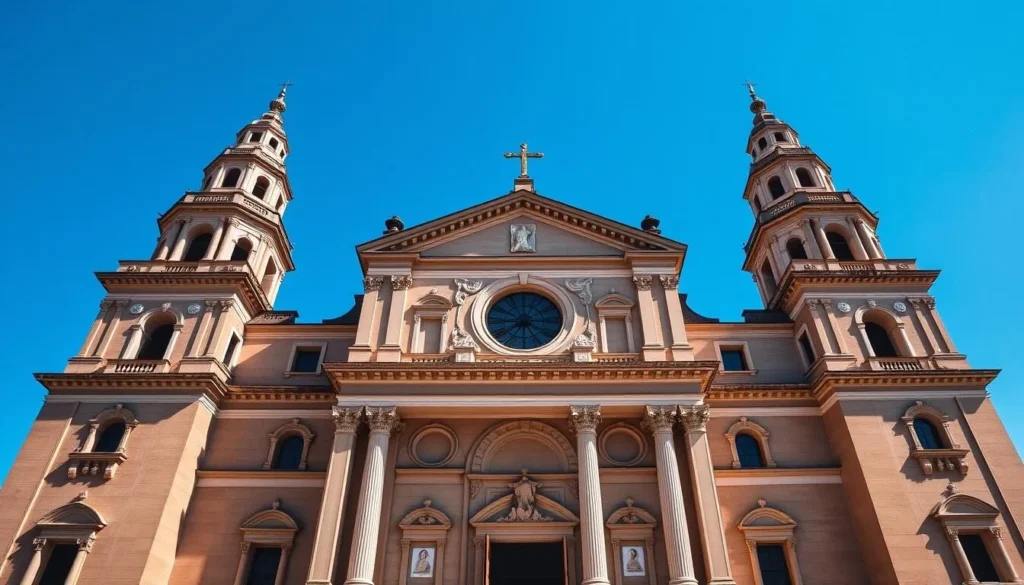 Generate an image of Ponce Cathedral with its neoclassical facade and twin towers.