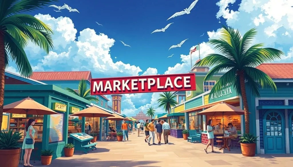 Generate an image of Port Lucaya Marketplace with vibrant colors and lively atmosphere.