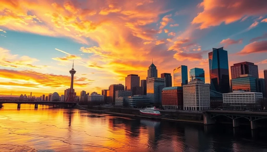 Generate an image of Portland's skyline with the Willamette River in the foreground.