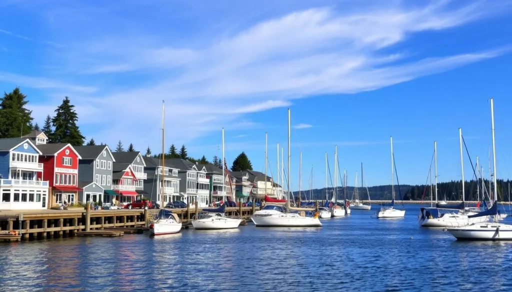 Generate an image of Poulsbo's waterfront with colorful buildings and sailboats.