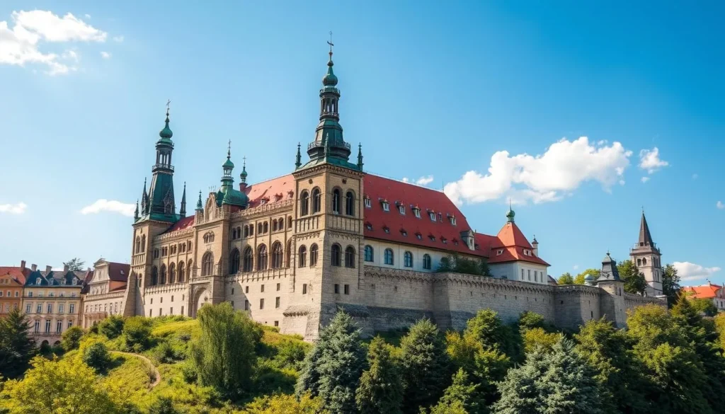 Generate an image of Prague Castle Complex with its stunning architecture and beautiful gardens.
