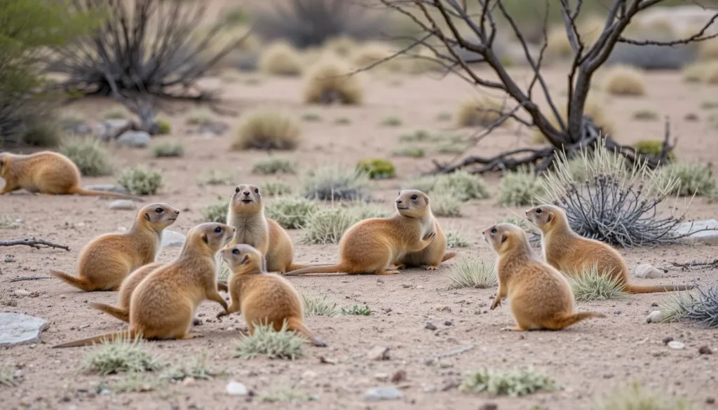 Generate an image of Prairie Dog Town in Mackenzie Park, Lubbock, featuring the prairie dogs in their natural habitat.
