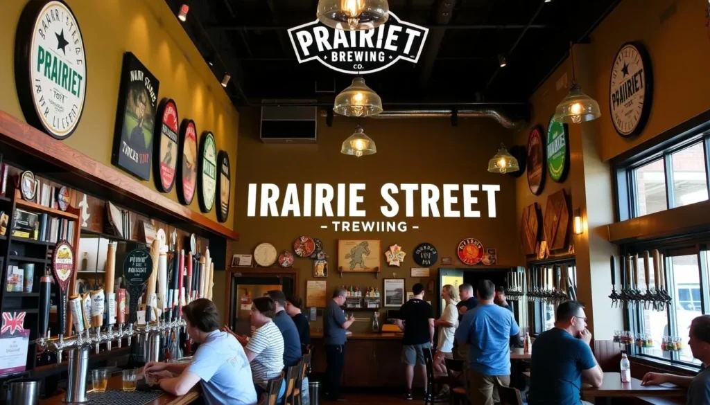 Generate an image of Prairie Street Brewing Co.'s taproom with a selection of their beers on tap.