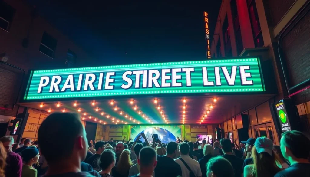 Generate an image of Prairie Street Live's exterior, highlighting its signage and a crowd of people attending a live event.
