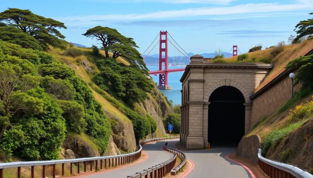 Generate an image of Presidio Tunnel Tops San Francisco with the Golden Gate Bridge