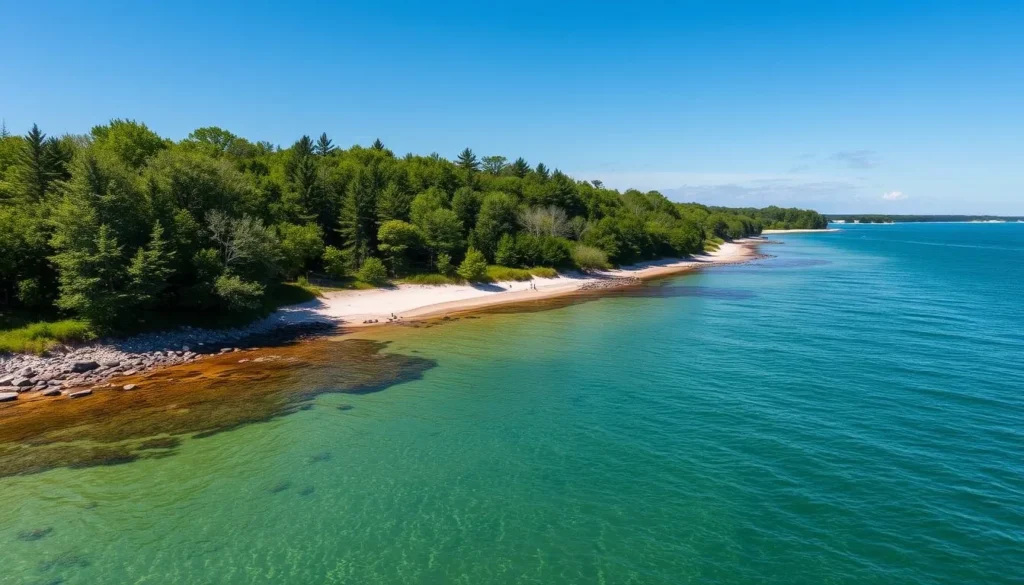 Generate an image of Presque Isle Park's beach with clear waters and natural surroundings.
