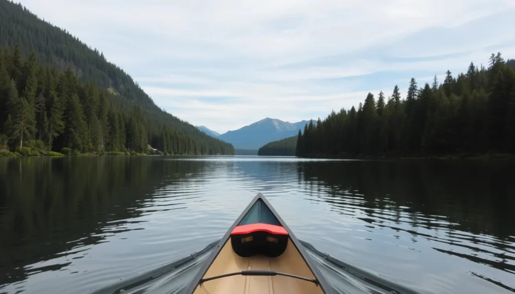 Generate an image of Priest Lake with a canoe paddling through calm waters surrounded by dense forest.
