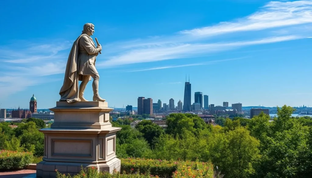 Generate an image of Prospect Terrace with the statue of Roger Williams and the cityscape in the background.