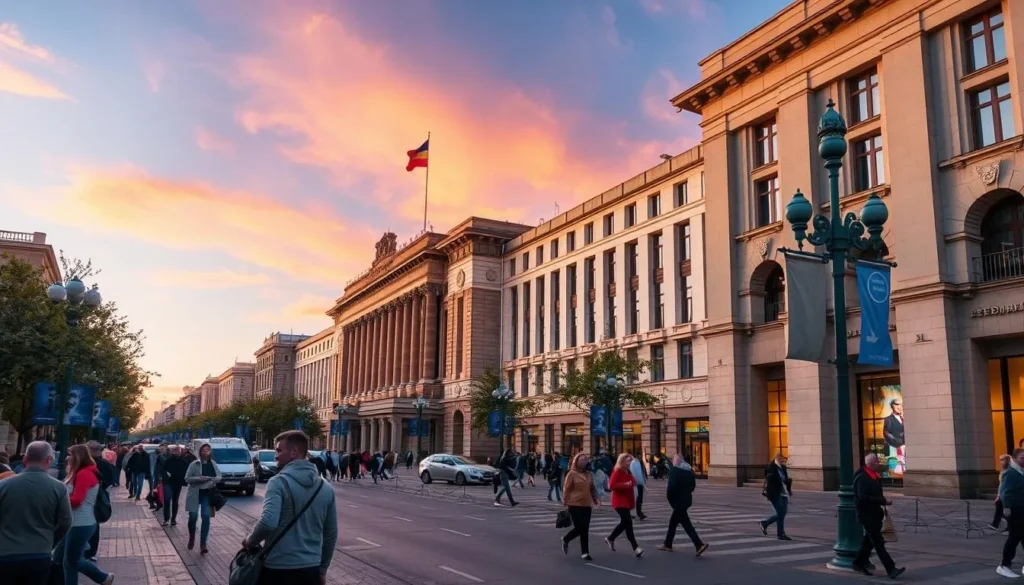 Generate an image of Prospekt Nezavisimosti in Minsk, showcasing its grand Stalinist architecture and bustling activity.