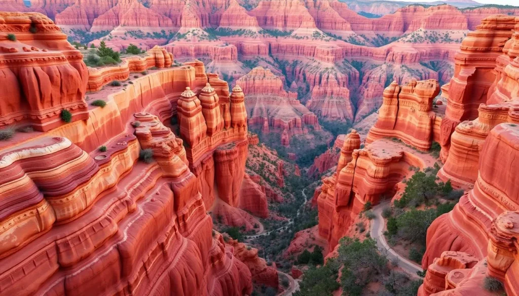 Generate an image of Providence Canyon State Park's stunning red, pink, and orange canyon walls.