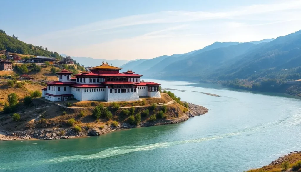 Generate an image of Punakha Dzong at the confluence of the Po Chhu and Mo Chhu rivers.