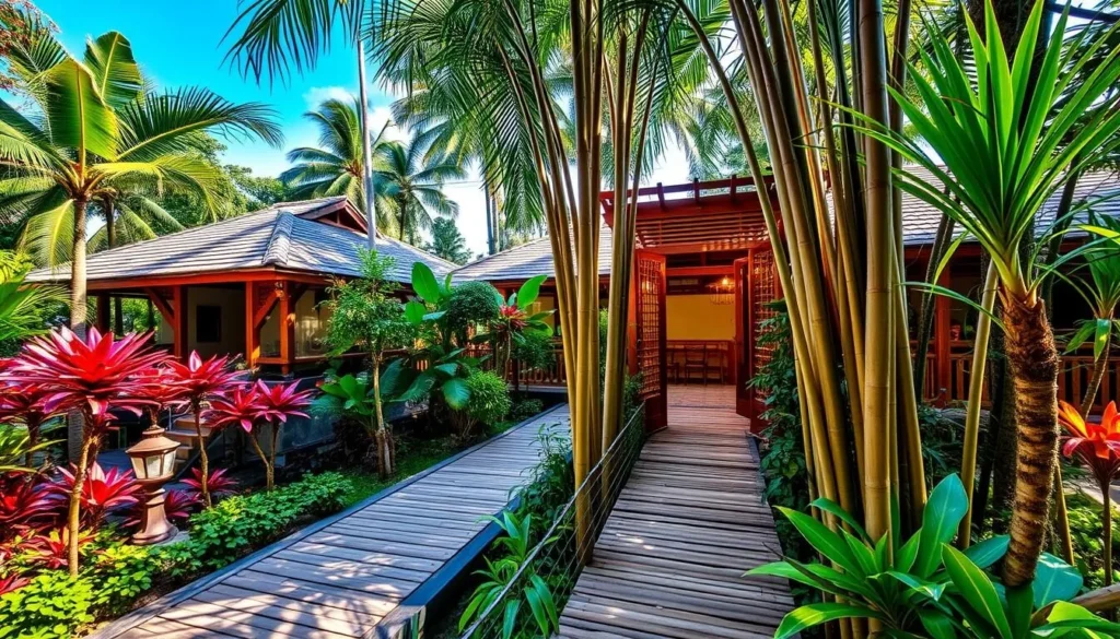 Generate an image of Punong Gary's Place, showcasing its bamboo walkways and lush tropical landscaping.