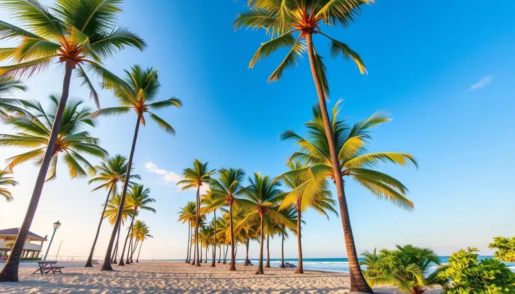 Generate an image of Pure Plage Beach with tall palm trees and a serene atmosphere.