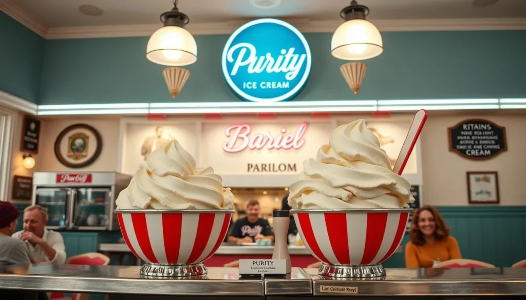Generate an image of Purity Ice Cream's classic ice cream parlor with distinctive white and red bowls.