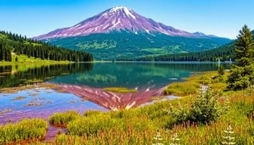 Generate an image of Purple Mountain with a serene lake and lush greenery.