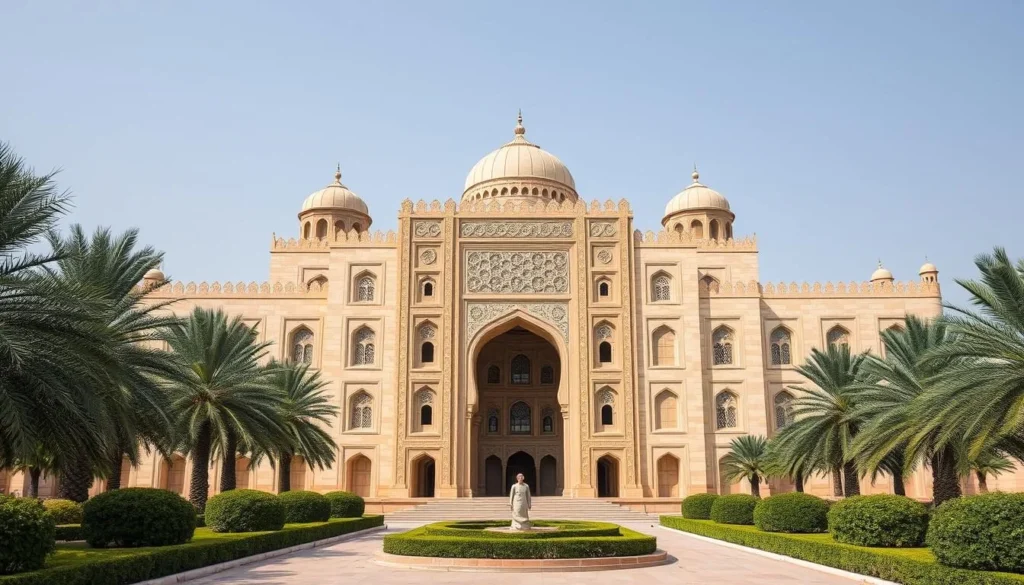 Generate an image of Qasr Al Watan's grand façade with its intricate designs and expansive gardens.